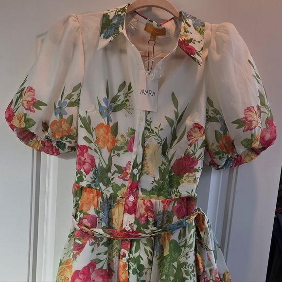 Floral Puff-Sleeve Shirt Midi Dress - White with Multi-Color Floral Print - Picture 5 of 7